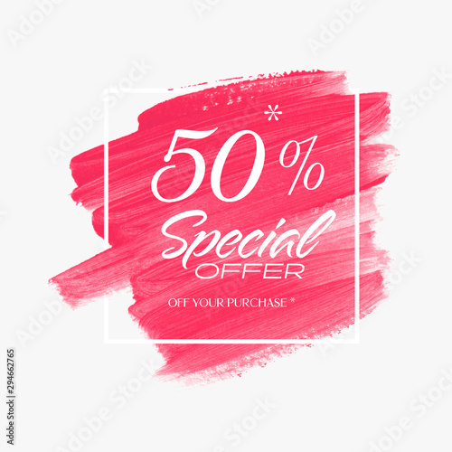 Sale Special Offer 50% sign over acrylic brush paint background - Vector. Perfect watercolor design for a shop label and sale banners.
