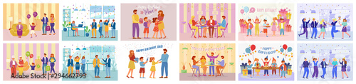 Birthday party flat vector illustrations set. Happy anniversary celebration party. Guests and hosts of feast. People have joint holiday dinner with colleagues, family cartoon characters