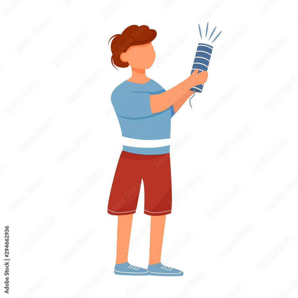 Boy with petard flat vector illustration. Birthday party. Holiday event. New Year celebration. Full body happy caucasian kid with fireworks isolated cartoon character on white background Boy with petard flat vector illustration. Birthday party. Holiday event. New Year celebration. Full body happy caucasian kid with fireworks isolated cartoon character on white background