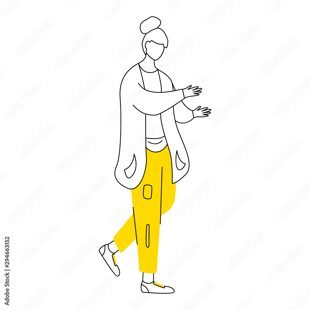 Dancing adolescent girl flat contour vector illustration. Young walking woman in casual clothes and hairstyle isolated cartoon outline character on white background. Teenager lifestyle simple drawing