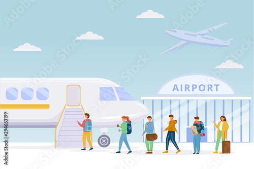 Passengers boarding plane flat vector illustration. Airport. People on airfield. Tourists, travelers fly on charter flight. Men and women climb the ramp to aircraft cartoon characters