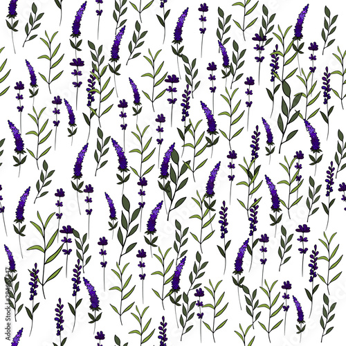 Seamless pattern made of lavender flowers, branches with leaves. Vector illustration, botany ornament. Endless texture for design projects, textiles, prints.
