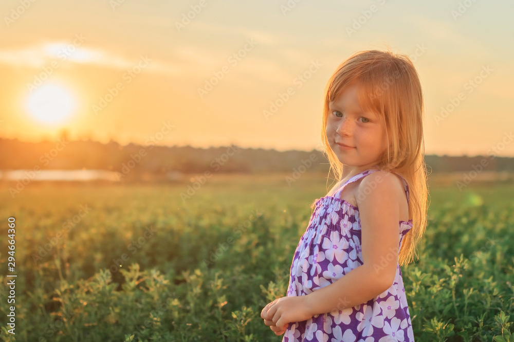 Сute little red-haired girl with freckles in a field at sunset Сute little red-haired girl with freckles in a field at sunset