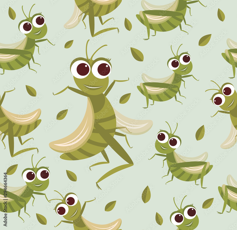 Vector Seamless pattern grasshopper Cartoon Character design Cute style concept.