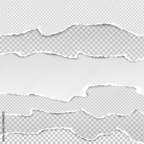 Pieces of torn white and squared realistic horizontal paper strips with soft shadow are on grey background. Vector illustration