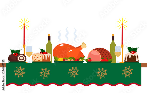 traditional festive christmas table with tablecloth, turkey and christmas pudding. Congratulatory decor for the new year. vector illustration