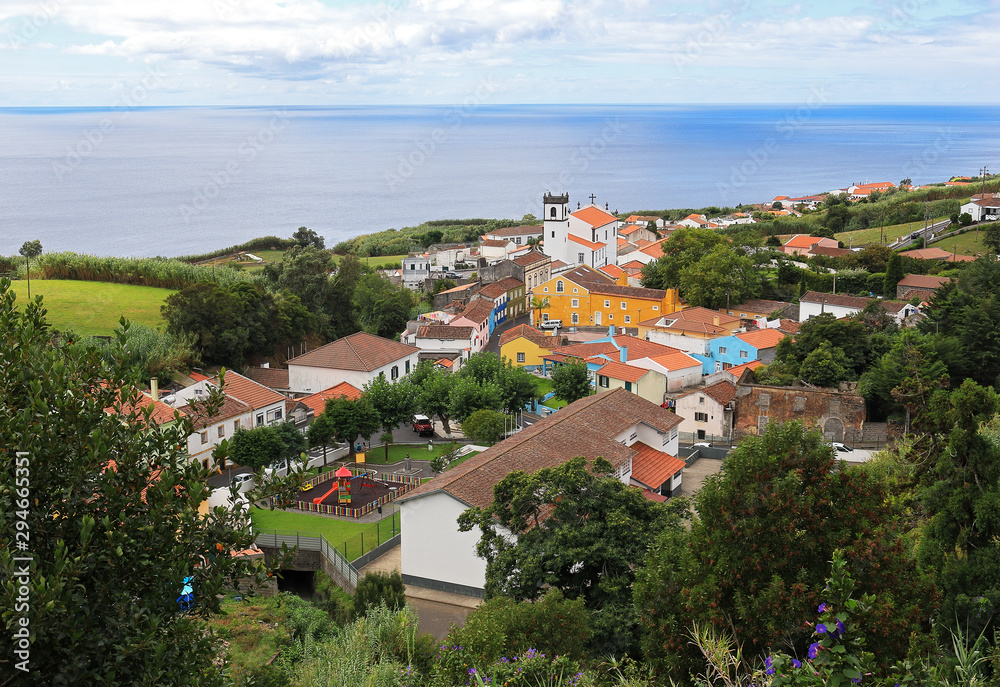 View of Feteiras, small town on São Miguel Island, Azores, Portugal from viewpoint Do Pico.