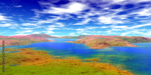 Alien Planet. Mountain and lake. 3D rendering