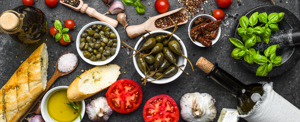 Ingredients for mediterranean food on black background - obrazy, fototapety, plakaty 
