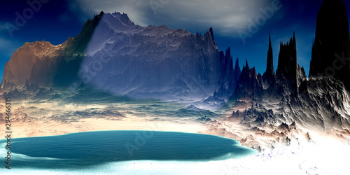 Alien Planet. Mountain and lake. 3D rendering