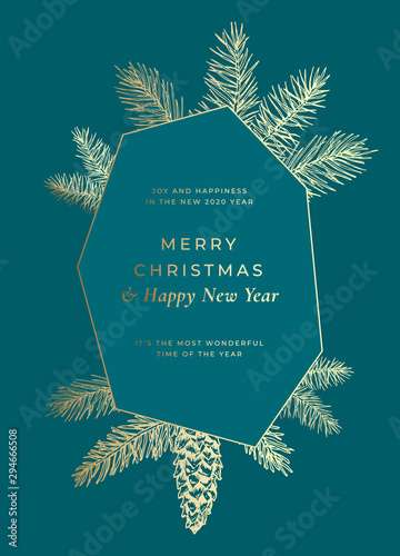 Merry Christmas Abstract Vector Frame Greeting Card, Poster or Holiday Background. Sketch Fir-needles with Strobile. Classy Colors with Gold Gradient and Typography.