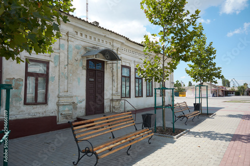 Kiliia Central District Library on the main square of the city, Ukraine. Ancient stone building.