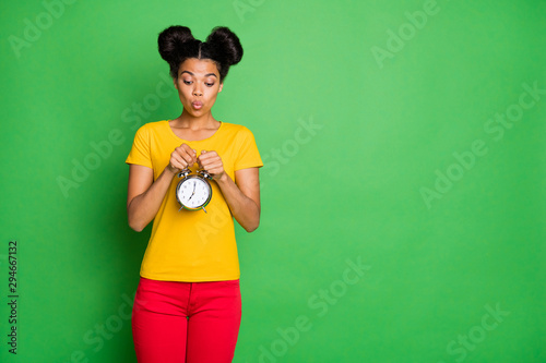Photo of amazing dark skin lady holding big metal alarm clock waiting it start ringing wondered what time is it wear casual yellow t-shirt red pants isolated green background photo
