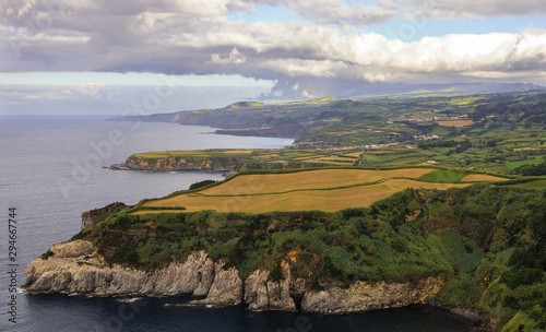 View of north coast of Sao Miguel island from Santa Iria view point near Ribeira Grande, Azores, Portugal