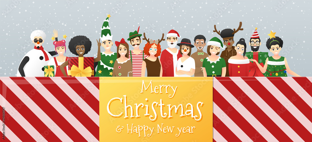 Fototapeta premium Merry Christmas and Happy New Year, group of teens in Christmas costume concept standing together in gift box , vector, illustration