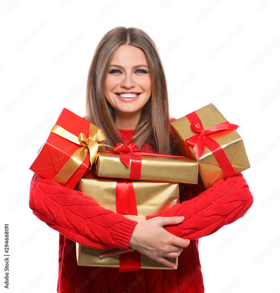 Young woman with Christmas gifts on white background Young woman with Christmas gifts on white background