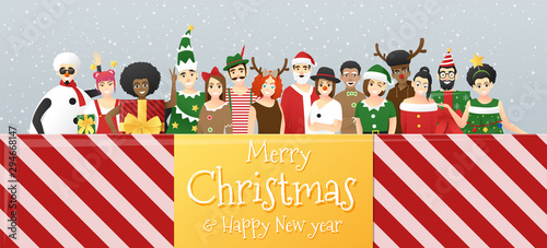 Merry Christmas and Happy New Year, group of teens in Christmas costume concept standing together in gift box , vector, illustration