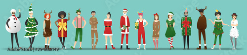 Canvas Merry Christmas , group of teens in Christmas costume concept isolated on blue b