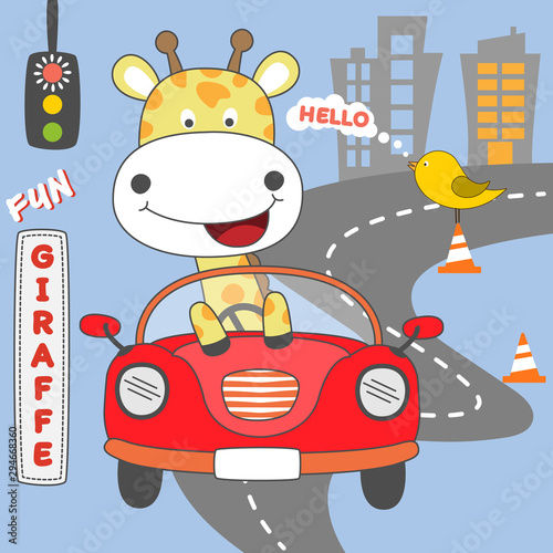 Happy giraffe girl driving red car. Vector illustration.