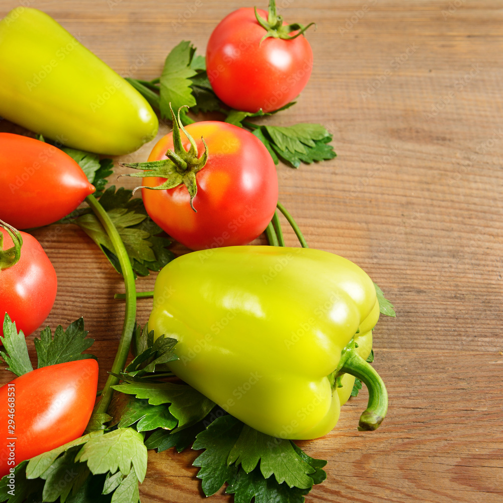Vegetables on old wooden table. Flat lay, top view. Vegetables on old wooden table. Flat lay, top view.