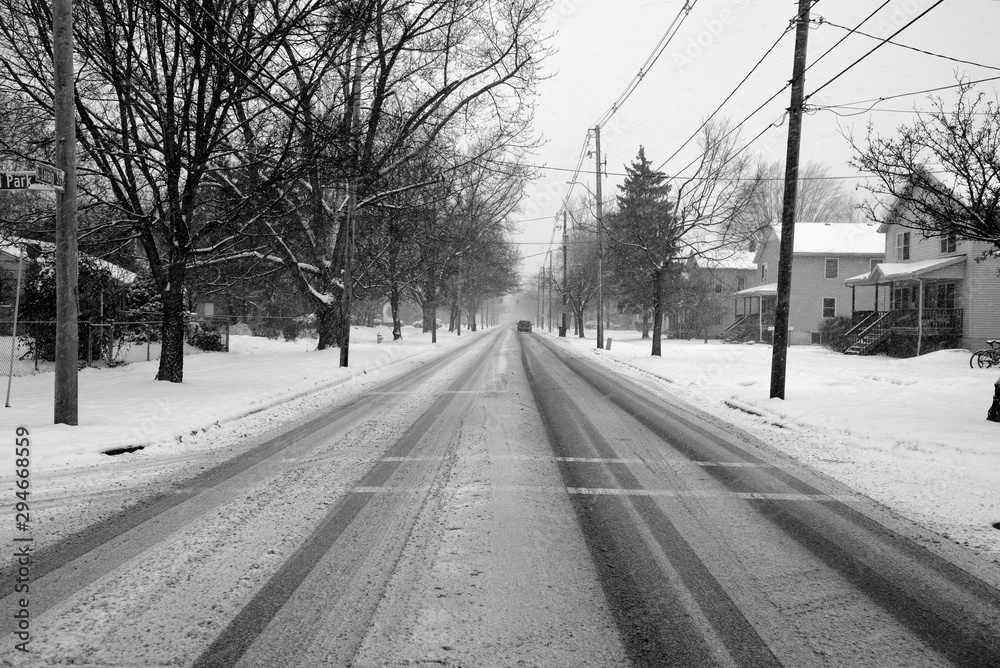 January Snowstorm in Residential Neighborhood