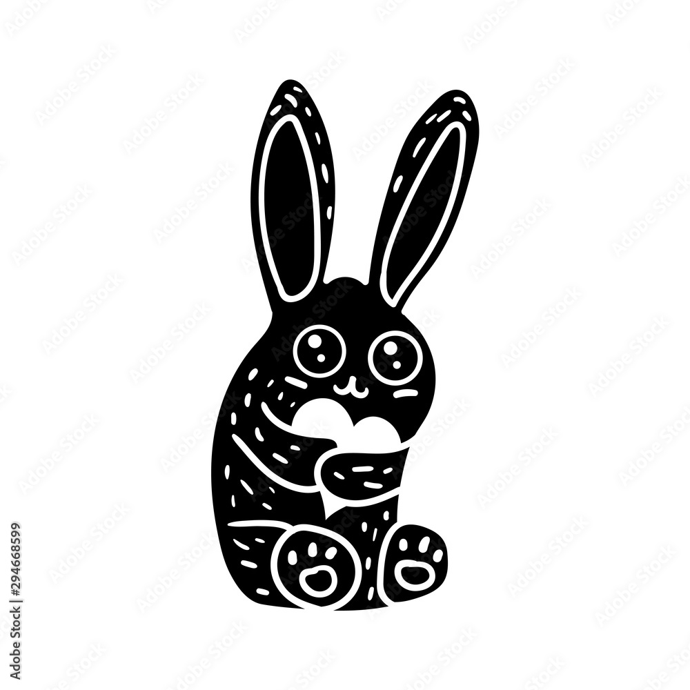 Obraz premium Beautiful Sitting Bunny Holding Heart Hand Drawn
