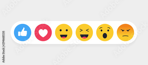 Set of cute cartoon face emoticons. Collection set with different reactions for social network. Modern vector illustration