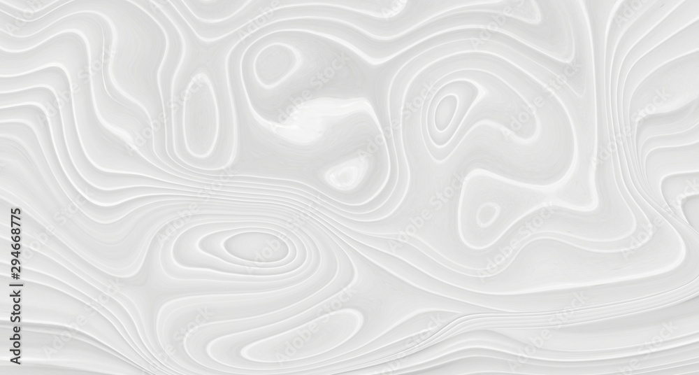 White background with waves and bends in an abstract cosmic form, circles and stains. Gray texture with gradients in 3 d volume, template for beautiful screensavers.