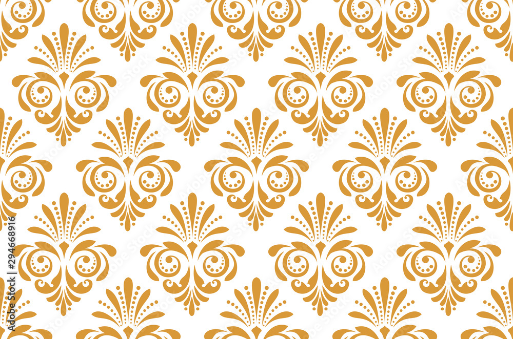 Wallpaper in the style of Baroque. Seamless vector background. White and gold floral ornament. Graphic pattern for fabric, wallpaper, packaging. Ornate Damask flower ornament Wallpaper in the style of Baroque. Seamless vector background. White and gold floral ornament. Graphic pattern for fabric, wallpaper, packaging. Ornate Damask flower ornament