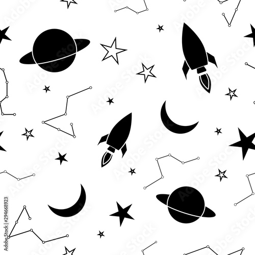 Galaxy seamless hand drawn pattern: spaceship, moon and stars in the sky