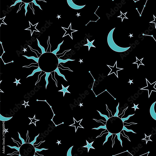 Galaxy seamless hand drawn pattern with zodiac elements. Moon, sun and stars