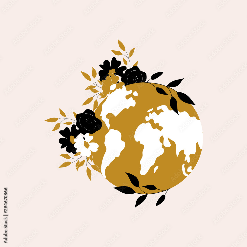 World map and flowers. Vector elements in a nature inspired illustration