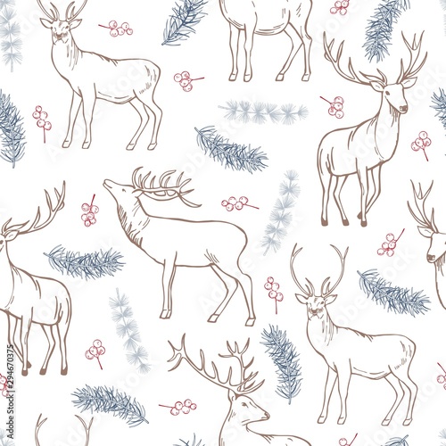 Hand-drawn deer. and coniferous branches.   Vector  seamless pattern.