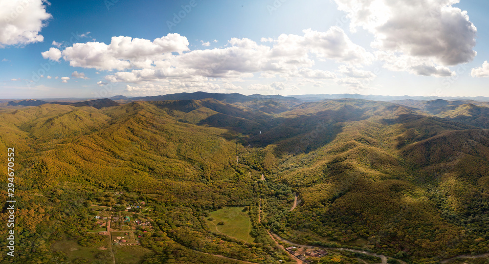 Naklejka premium golden autumn on the forested mountains of the Western Caucasus (South of Russia), autumn day - panorama