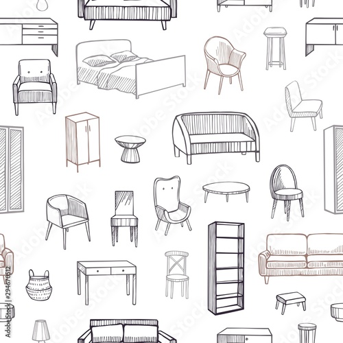 Furniture, lamps and plants for the home. Vector seamless pattern