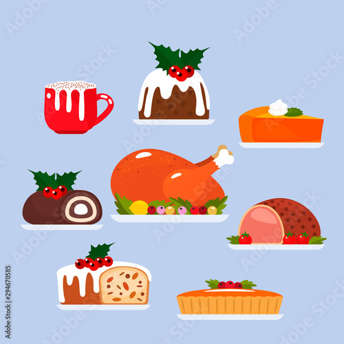 festive dishes for christmas and thanksgiving. A large set of food for the festive table. Baked turkey with vegetables, pumpkin pie, Christmas pudding and coffee drink with milk froth.