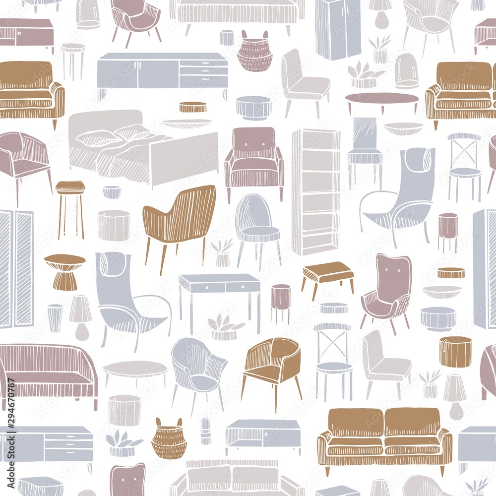 Furniture, lamps and plants for the home. Vector seamless pattern Furniture, lamps and plants for the home. Vector seamless pattern