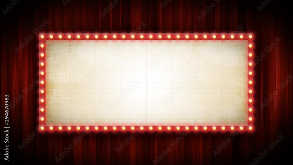 Theater Or Cinema Background With Marquee Sign And Red Curtains/ 4k animation of a cinema or broadway theater background with marquee sign and red curtains
