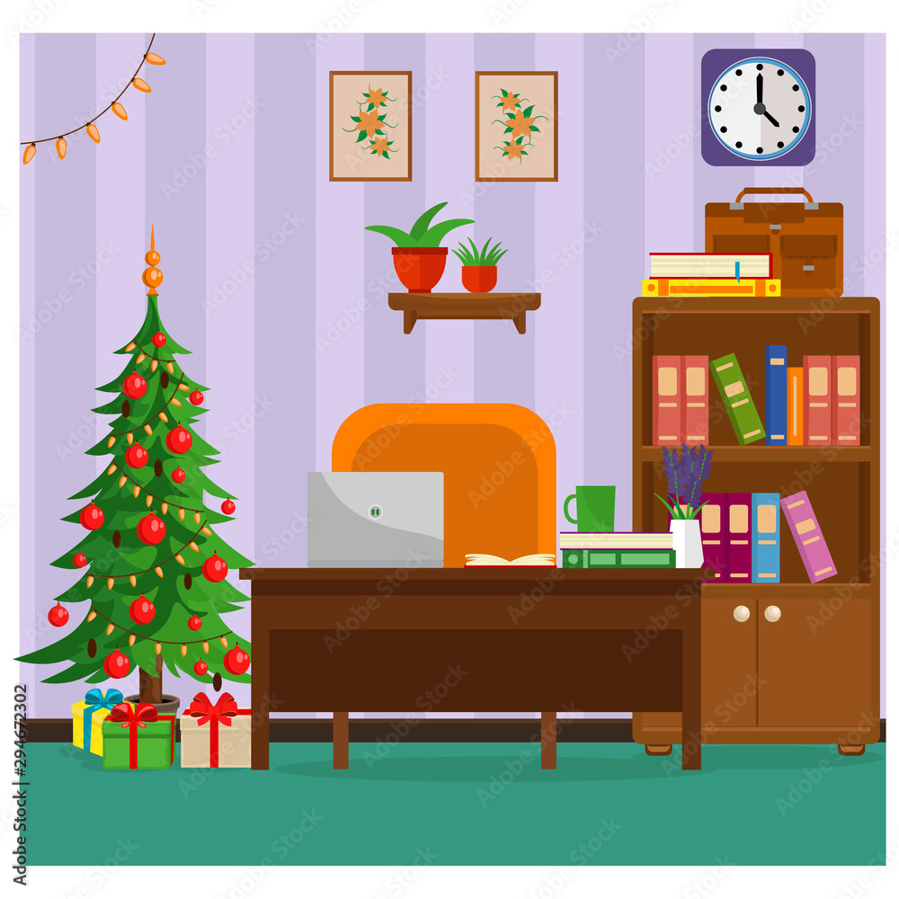 Fototapeta premium Cozy office, decorated for the new year and Christmas with a Christmas tree and gifts. Vector illustration.