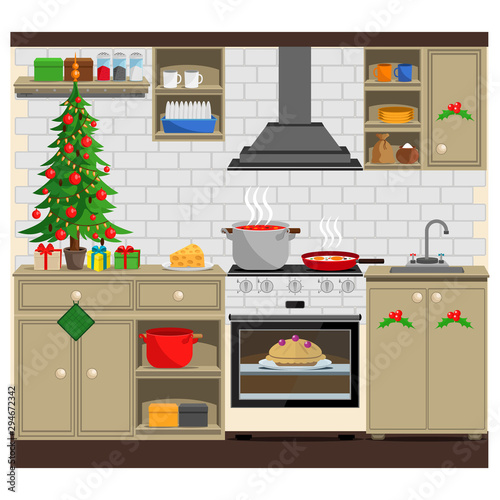 Christmas kitchen interior, cooking delicious food to celebrate Christmas and new year. Winter holidays, vector illustration.