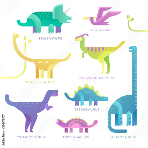 Set of dinosaurs. Vector illustration. Flat design, trendy style. Stegosaurus, Ankylosaurus, Brachiosaurus, Triceratops, Parasaurolophus, Pterodactyl, Tyrannosaurus, Apatosaurus. Triassic period