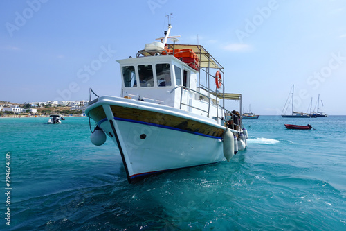 Tourist boat in famous and beautiful Koufonisi island seascape, Small Cyclades, Greece