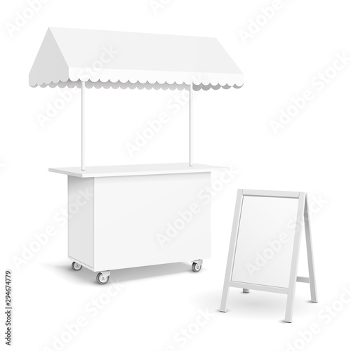 White POS POI Blank Empty Retail Stand Stall Mobile Bar Display With Roof, Canopy, Banner. Fast Food. On White Background Isolated. Mock Up Template Ready For Your Design. Product Packing Vector EPS10
