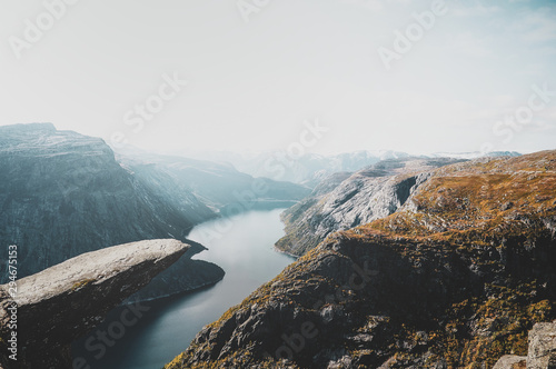 Breathtaking views of Norwegian national park, river and fjords at bright day. photo