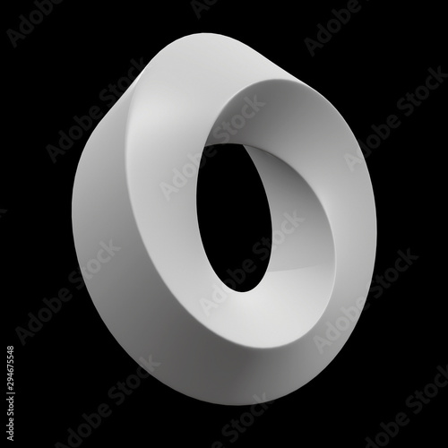 Mobius strip ring sacred geometry. Spatial figure with upturned surfaces. Optical illusion with dual circular contour. 3d render on black background