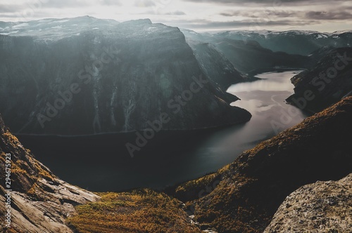 Breathtaking views of Norwegian national park, river and fjords at bright day.
