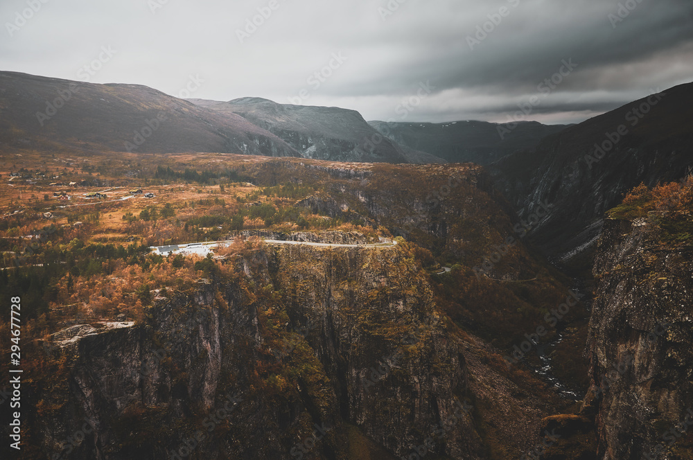 Scenic view of wild nature at Norwegian national park at autumn season.