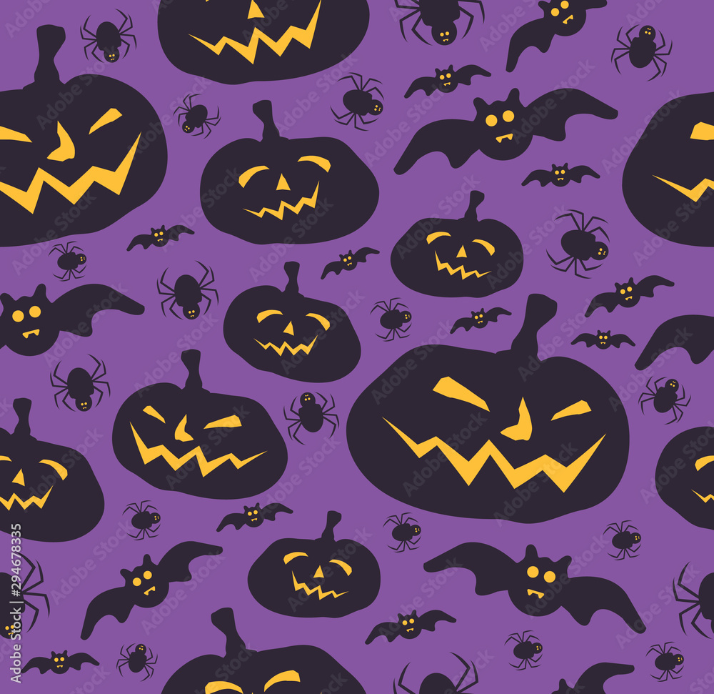 Vector Halloween Seamless,Halloween silhouette pumpkin with bat and spider,Pattern design.