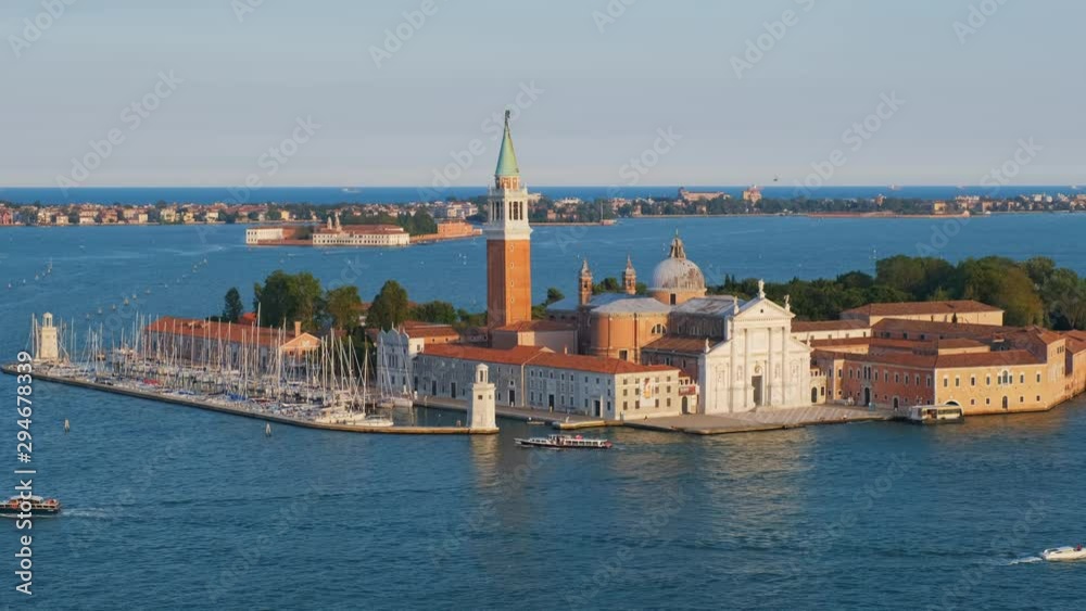 Aerial view of Venice lagoon with boats and San Giorgio di Maggiore church. Venice, Italy Aerial view of Venice lagoon with boats and San Giorgio di Maggiore church. Venice, Italy