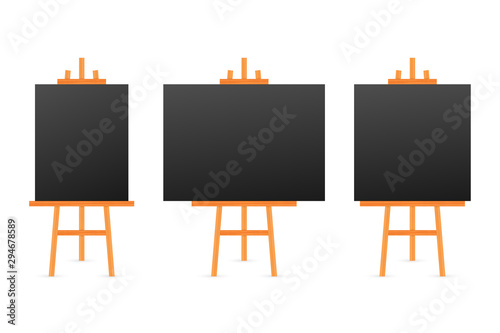 Vector Set of Wooden Brown White Sienna Easels with Mock Up Empty Blank Square Canvases Isolated on Background.